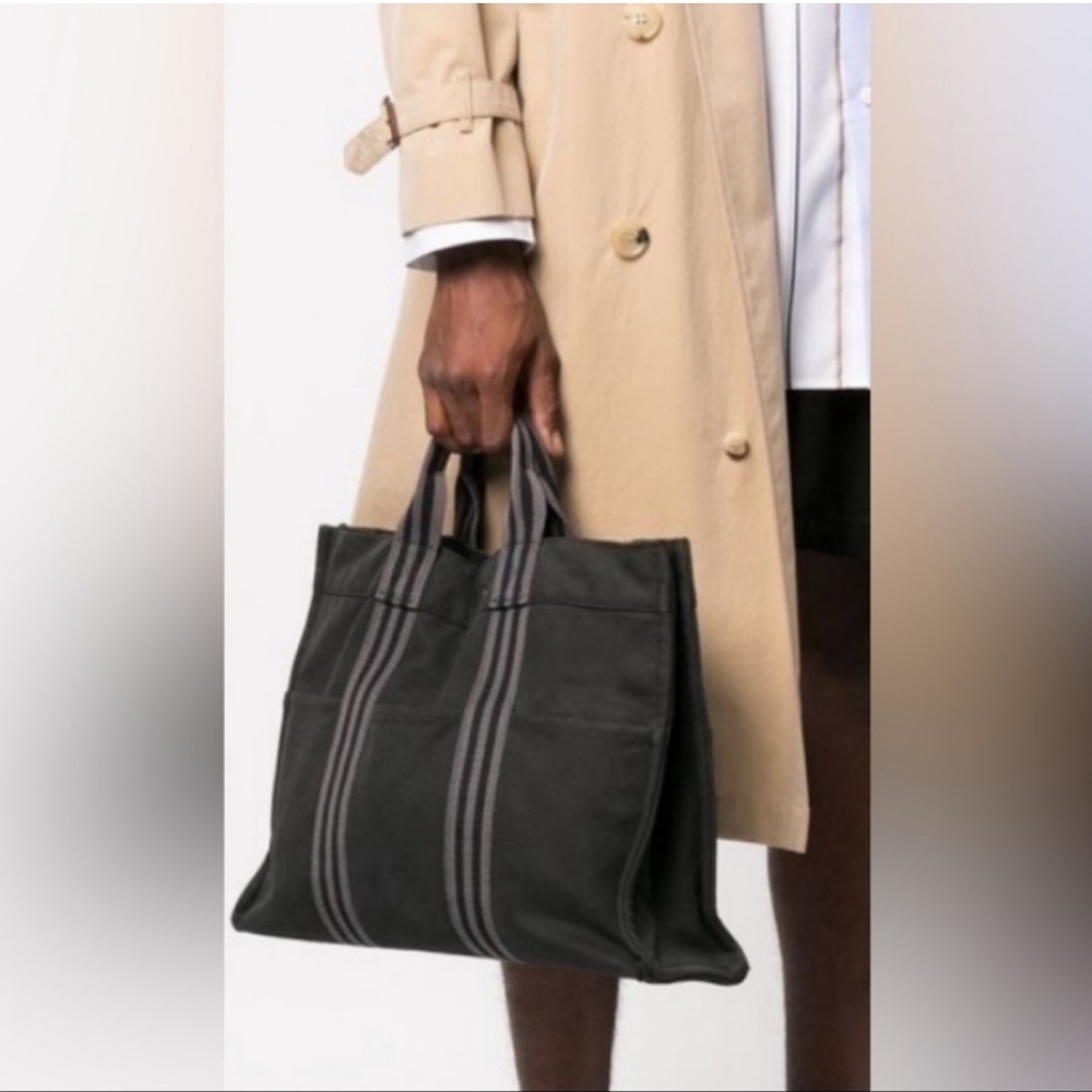 Hermes Large Canvas Fourre Tout Striped Cotton GM Shoulder Tote Bag Black Gray - Picture 15 of 16